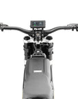back close-up view of TE dirt ebike ergonomic handlebar and multifunctional digital LCD dashboard