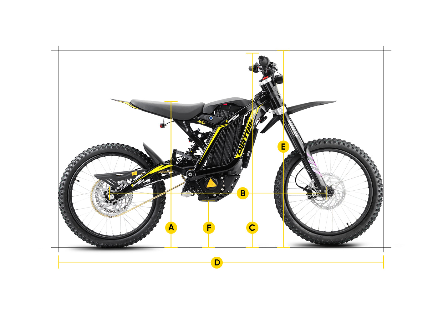 X10 adult off-road electric dirt bike frame geometry dimension measurement diagram