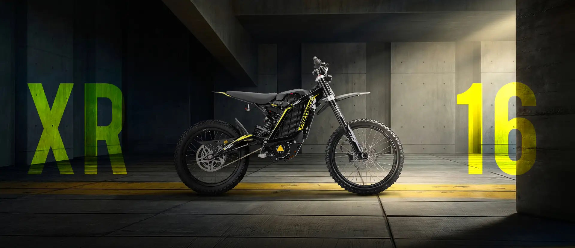 Desktop factory banner for ThunderWasp XR16 black off-road electric dirt bike with pro-tuned suspension and 0-30MPH in 3s
