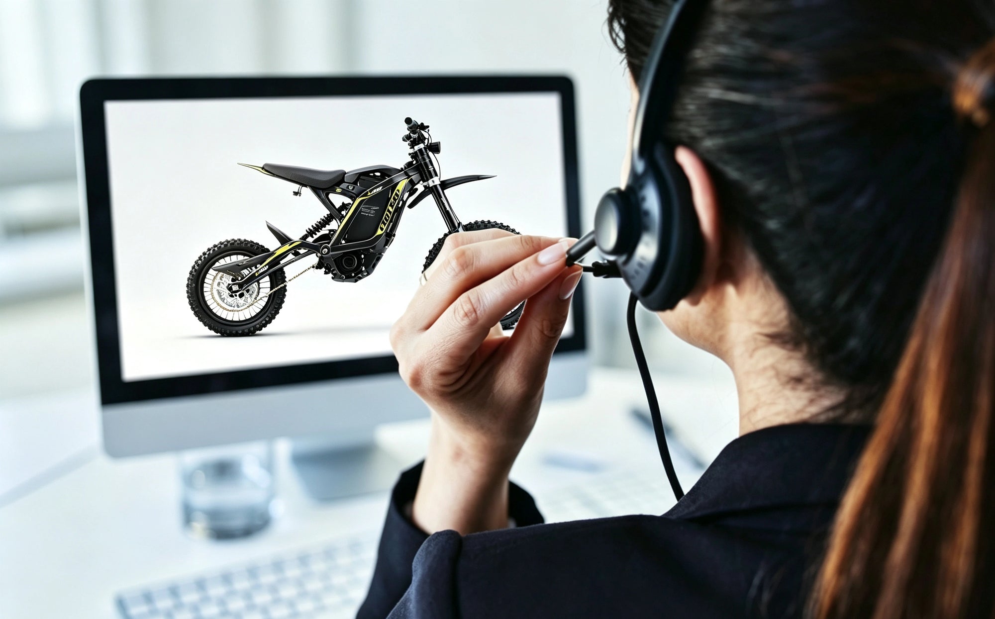 A woman wearing black over-ear headphones sits at a desk, looking at a computer monitor that displays a Thunderwasp XR16  electric dirt bike.