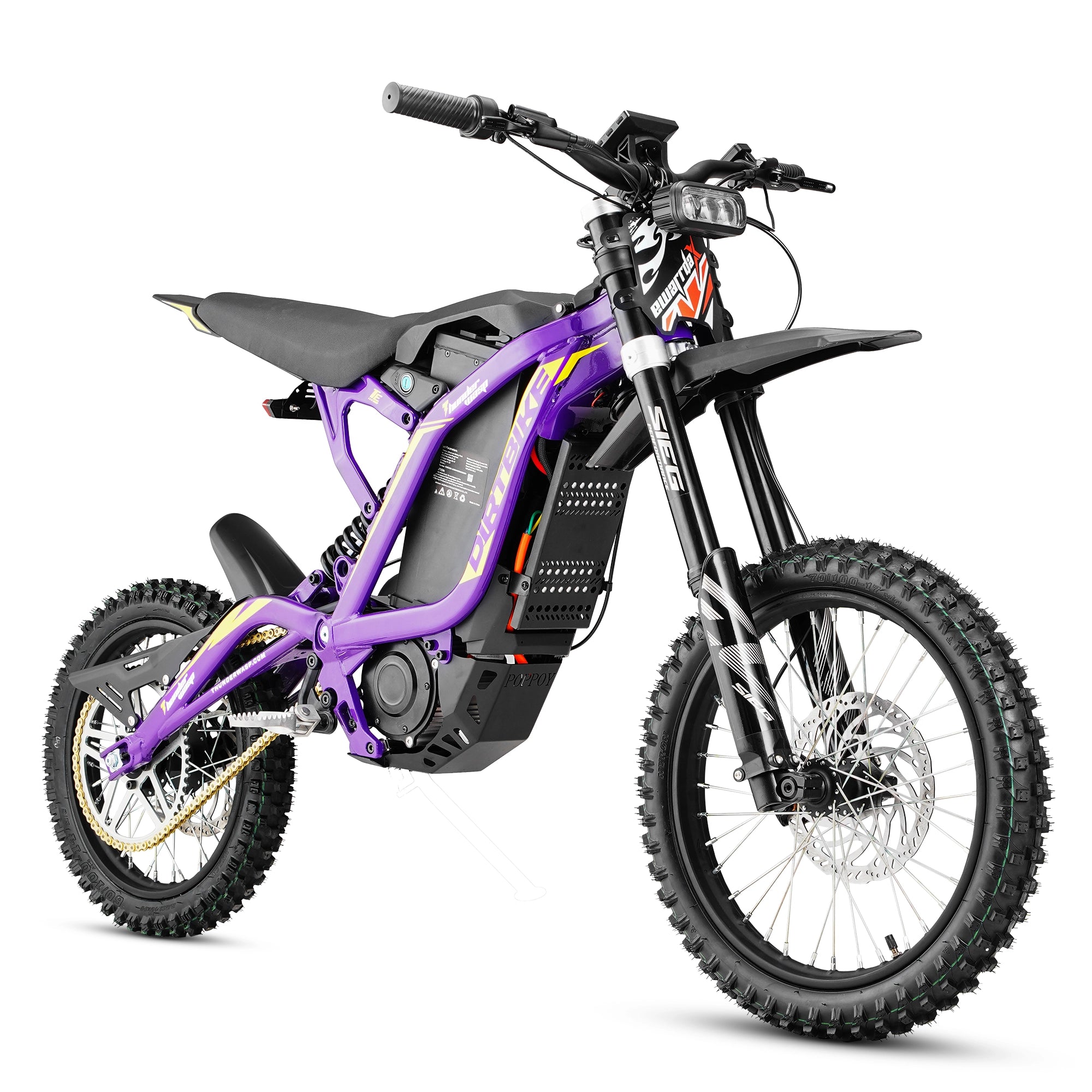 Multi-angle full studio product photo of stylish purple TE electric dirt ebike offroad motorbike