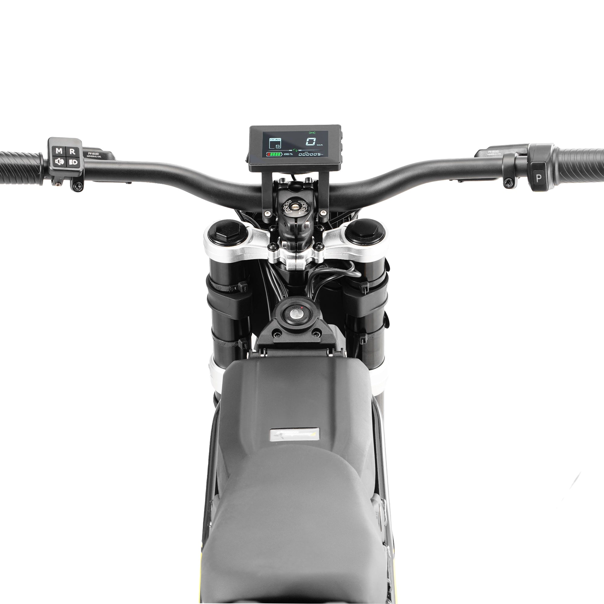 back close-up view of TE dirt ebike ergonomic handlebar and multifunctional digital LCD dashboard