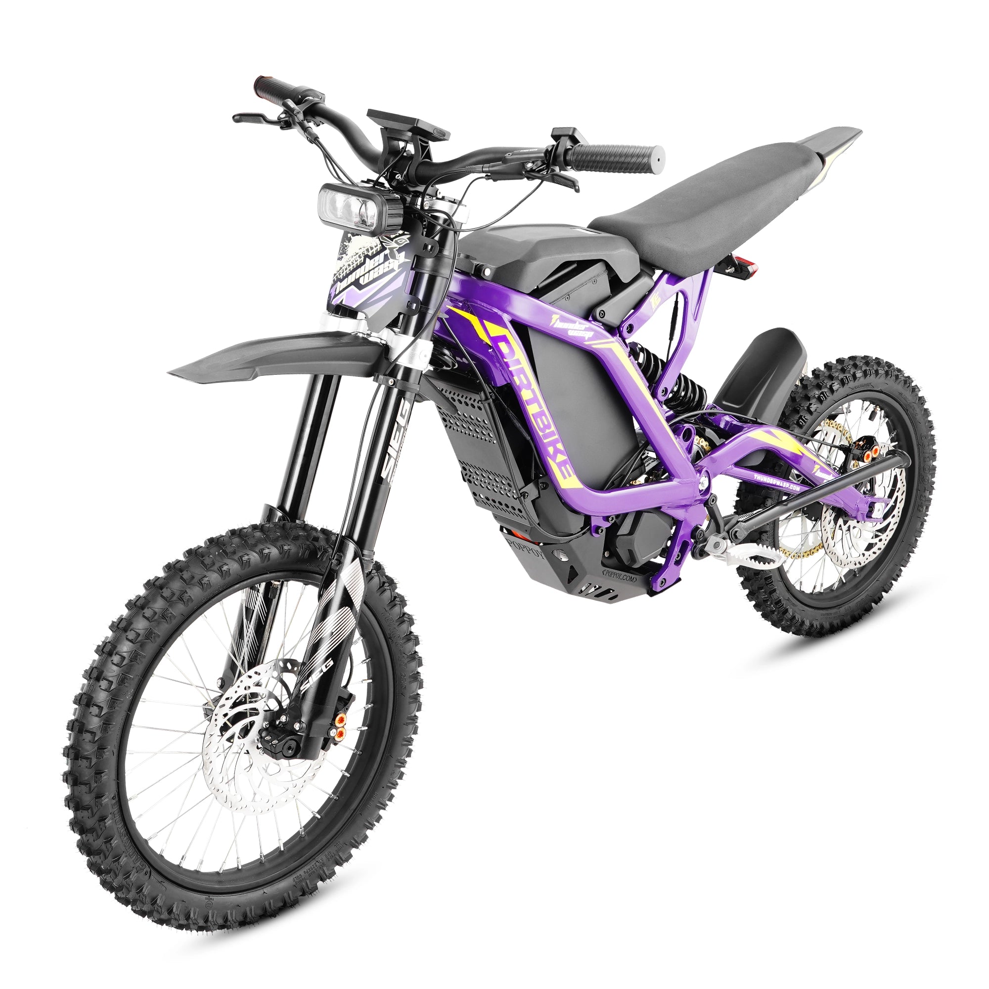 Front full body studio product picture of purple TE high speed dirt ebike built for outdoor offroad
