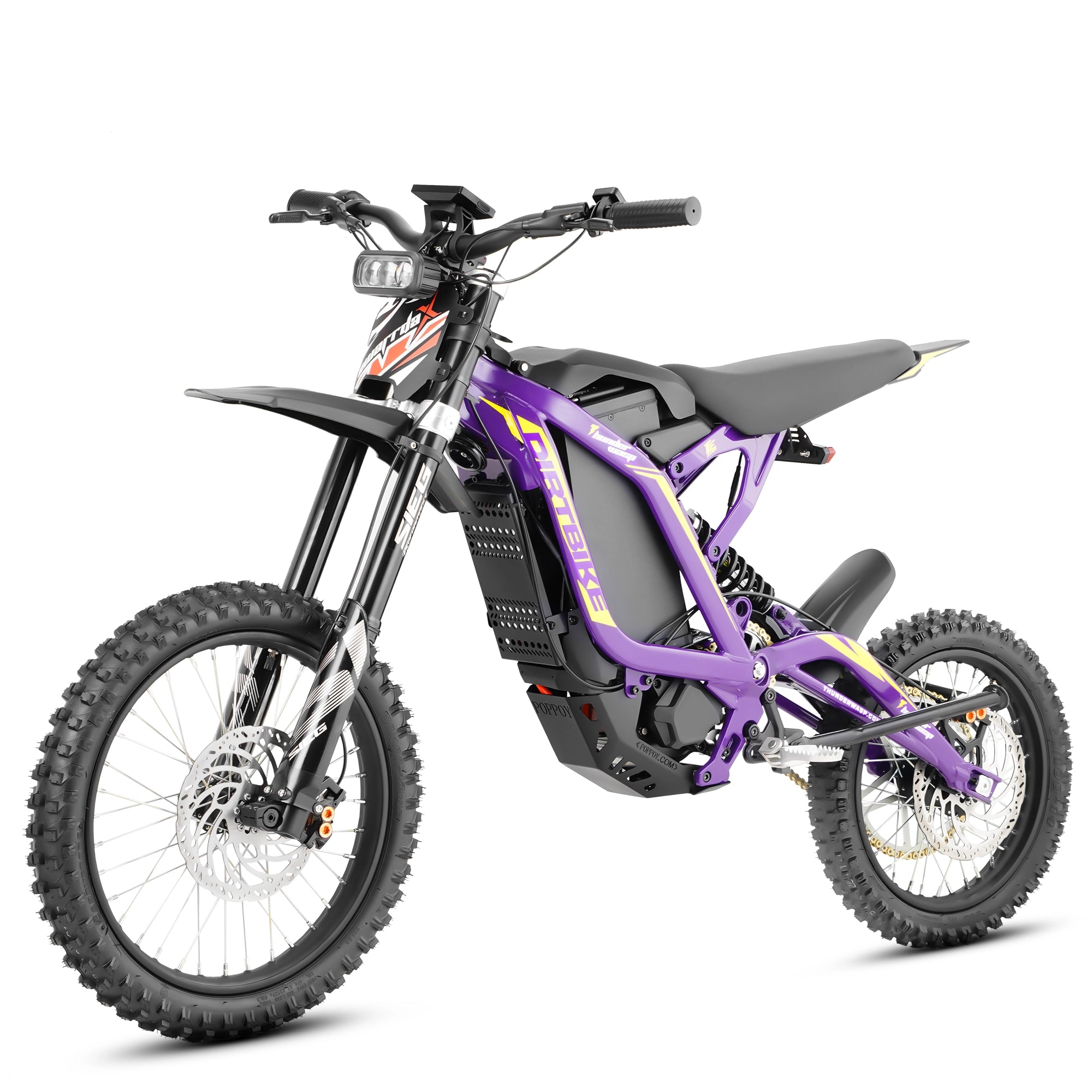 Clear front side full view of purple TE powerful offroad dirt ebike electric motorcycle for adults
