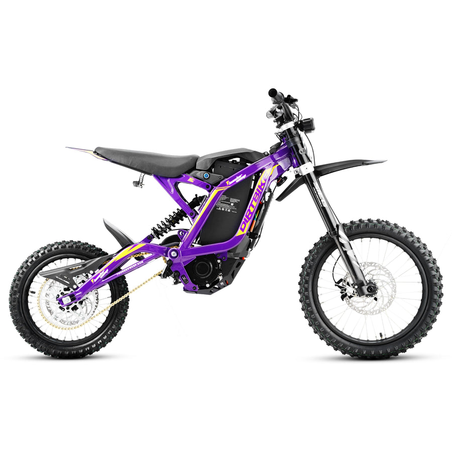 Complete left side full body shot of TE high performance electric dirt bike for rough offroad terrain