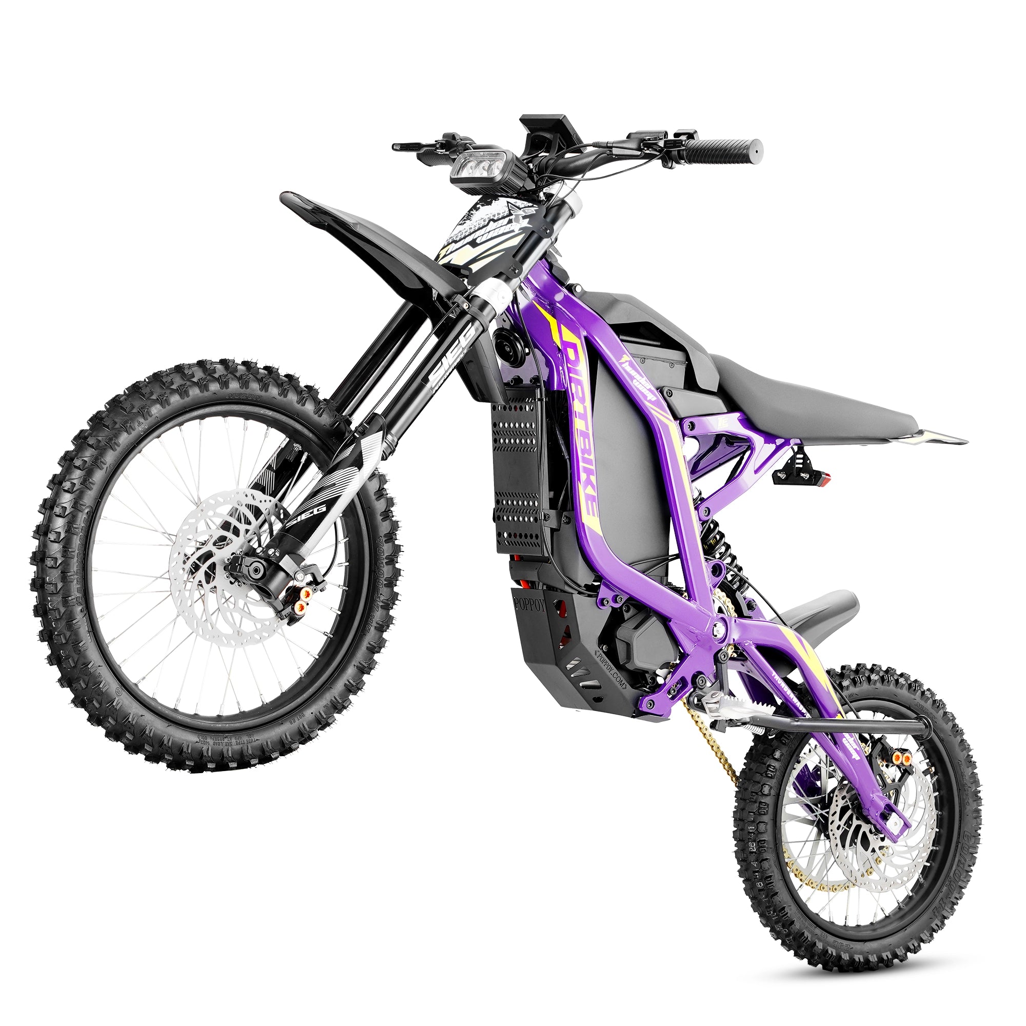 Low angle side full shot showcasing frame structure of TE heavy duty offroad electric dirt motorcycle