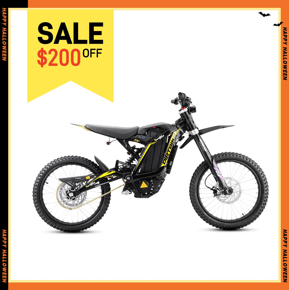 ThunderWasp electric dirt bike '$100 OFF' and Halloween-themed side borders.