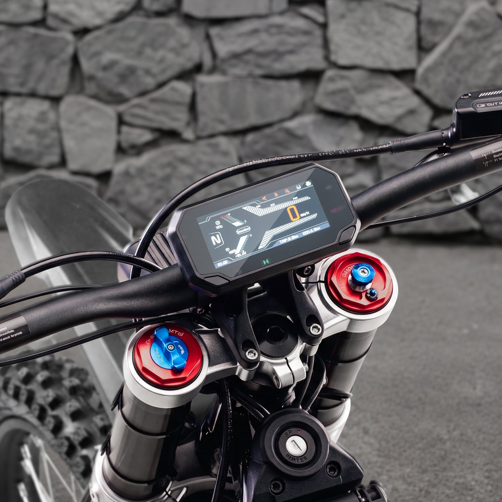 Multifunctional digital LCD dashboard control panel on X10 offroad ebike showing speed, battery and riding data, 0-30MPH in 4.2s