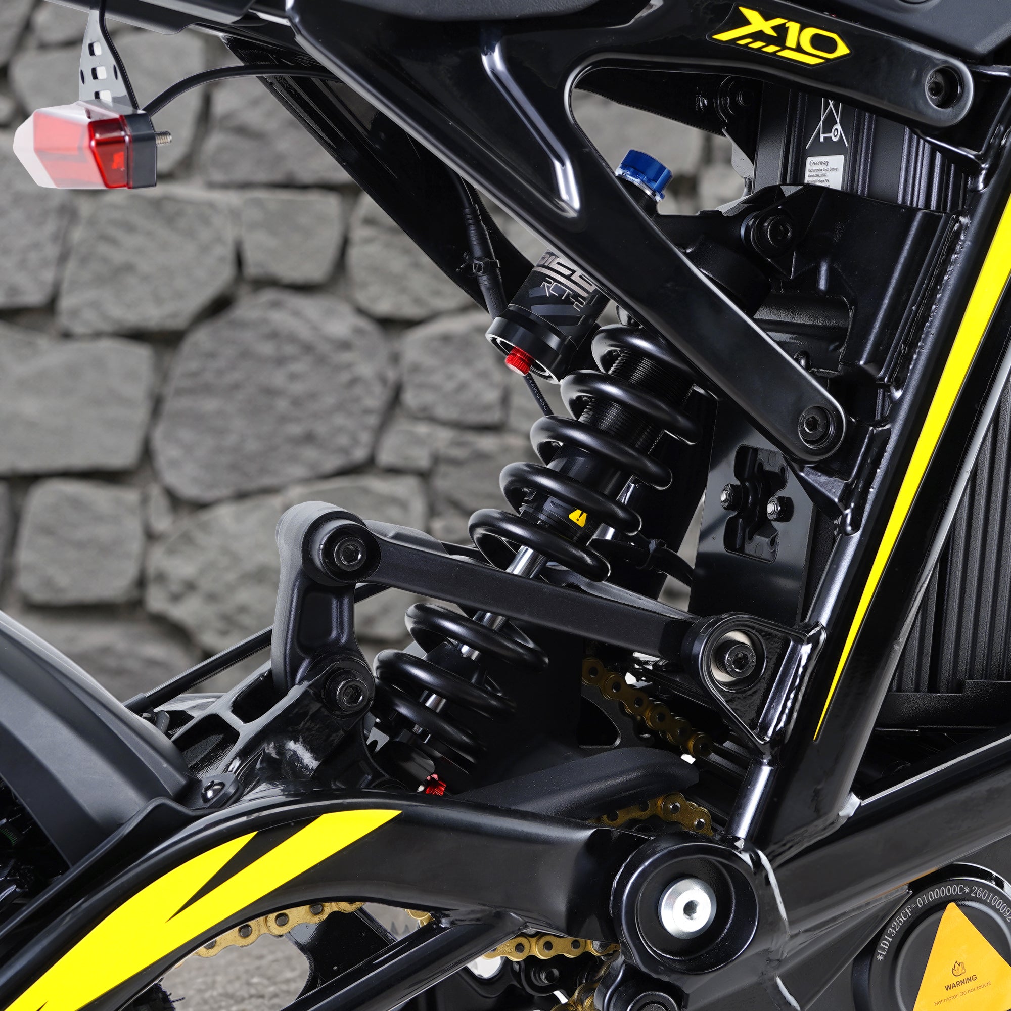 Heavy-duty adjustable rear shock absorber suspension for X10 10000W electric dirt bike to absorb bumpy trail vibration