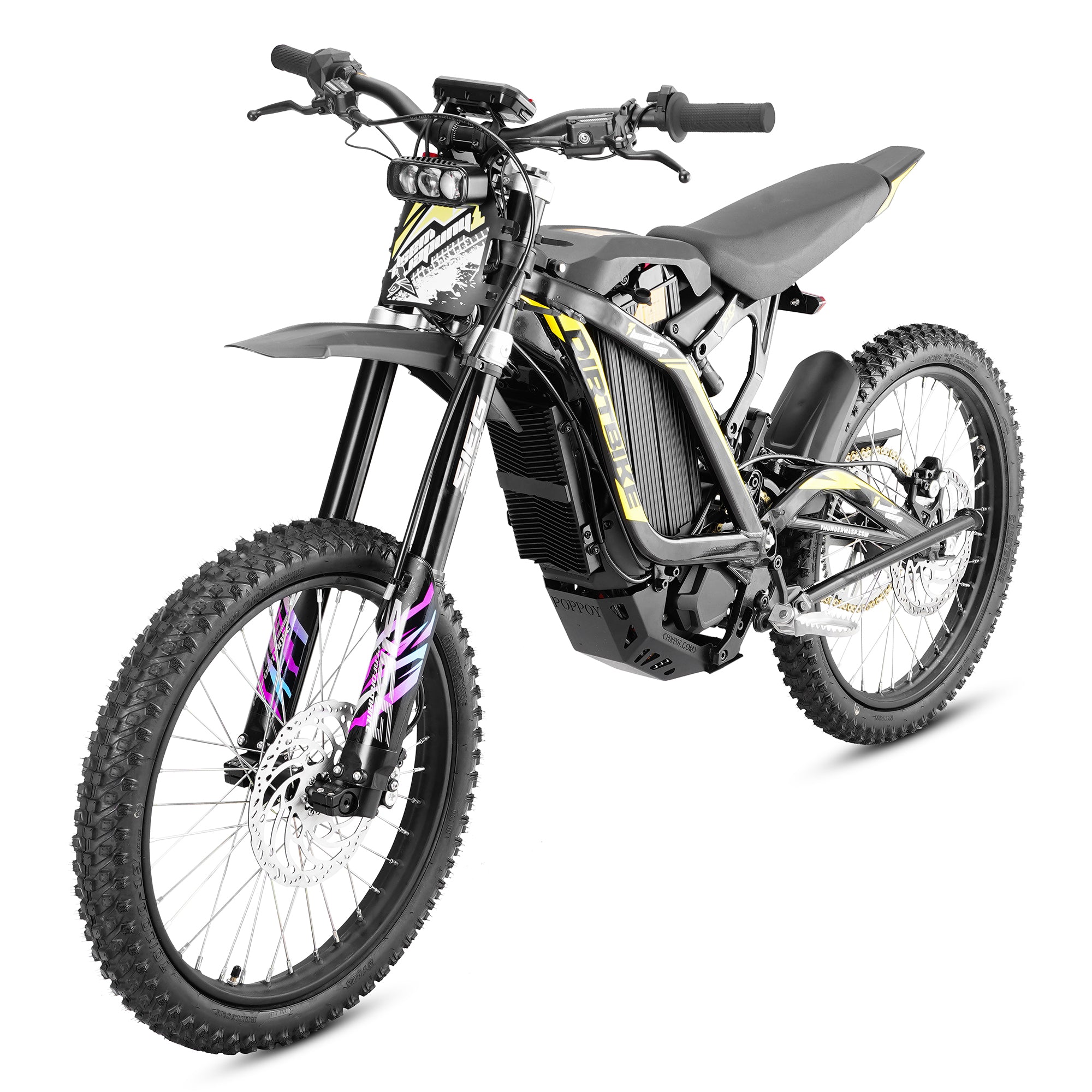 X10 off-road electric dirt bike suspension and front wheel view