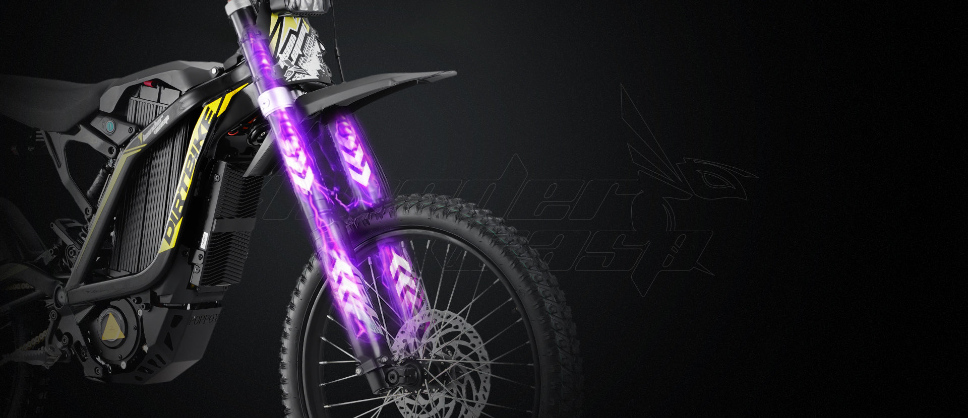 Horizontal wide banner displaying X10 adult electric dirt bike adjustable heavy duty front shock absorber