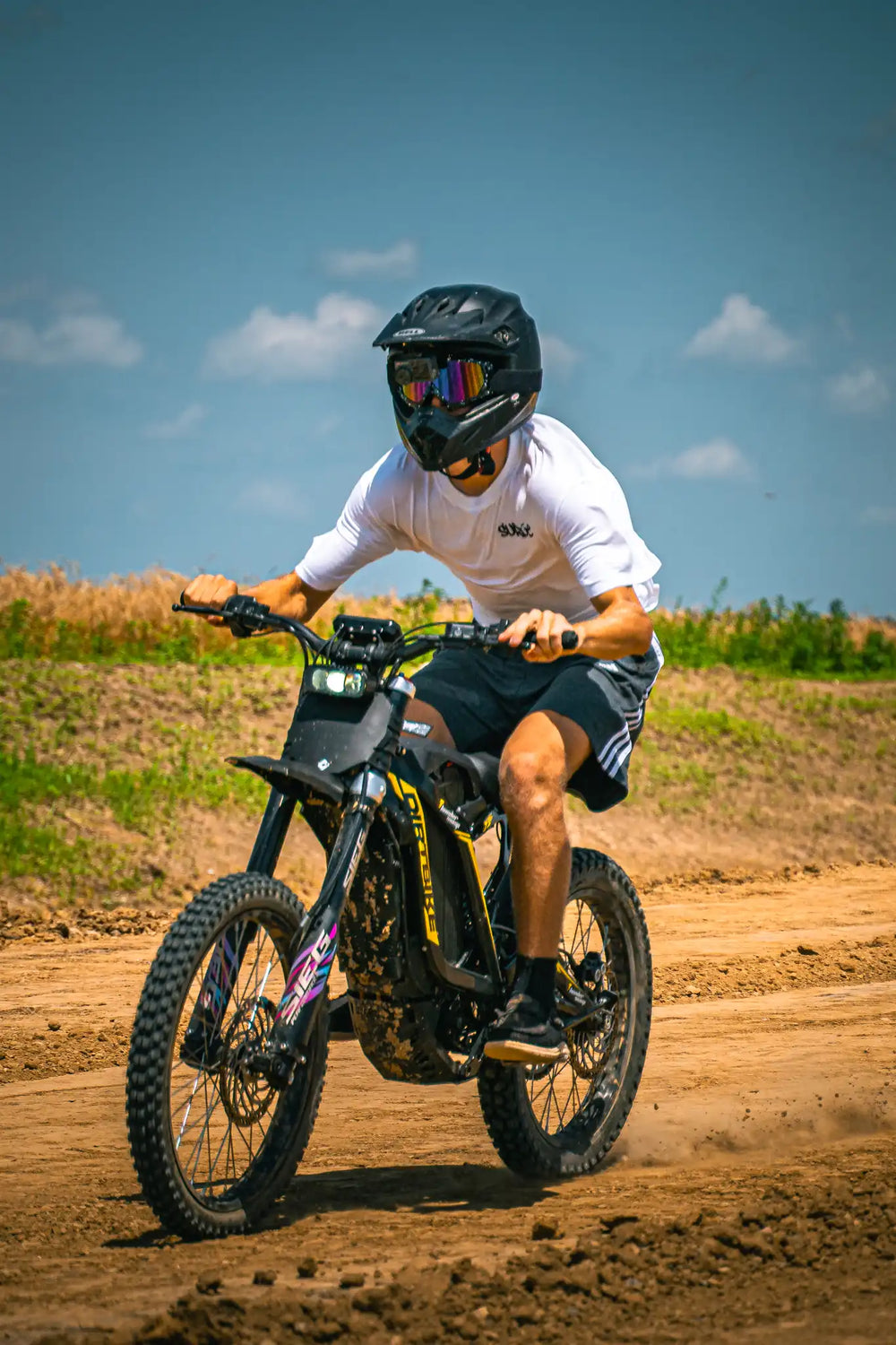Profile shot of rider confidently handling ThunderWasp XR16 responsive brake E-Moto on dirt field